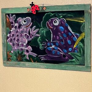 Handcrafted/Painted Whimsical Frog Art Piece On Window Screen Mesh /Wall Decor